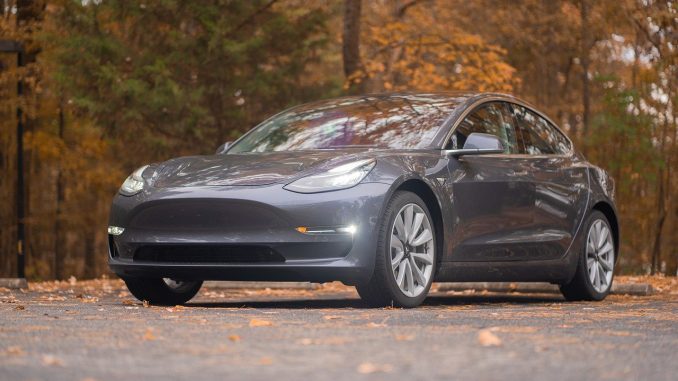 Tesla der er parkeret i efterårs park